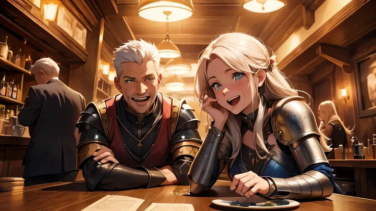 fancy, another world, adventurer, pub, Reconciliation, reminiscence, pretty girl archer, cute female wizard, Man in Armor, warm lighting, laugh, laugh, Mouth opens wide. You can observe the face forming...
