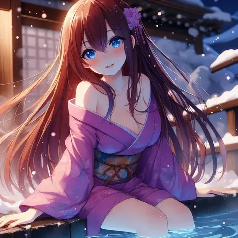 anime girl in a kimono outfit sitting in a pool, anime style 4k, beautiful anime girl, anime girl with long hair, cute anime girl, pretty anime girl, seductive anime girl, Beautiful anime, Beautiful anime woman, attractive anime girl, young anime girl, 4k ...