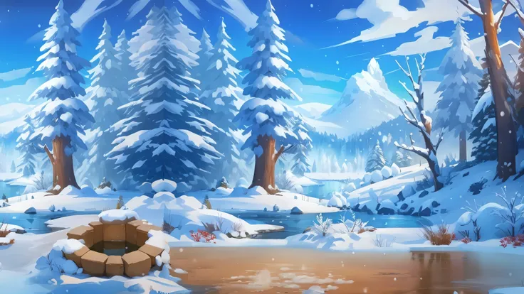 snow scene，A tree covered with heavy snow and a small pond, icy tundra background, mobile Game background, background art, winter concept art, background artwork, snow scene背景, Game background, 2D game art background, snowy environment, odins stone Stadium...