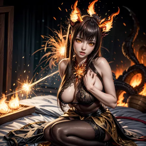 (NSFW:-1, Exposed:0.75), (((nipple:-1, horns:-1, extra ears:-1))), (bokeH, Acutance:0.85, Ultra-detailed:1.35), (Masterpiece, best quality, highres, realistic:1.37), (sexy Ifrit clad in flames with aura:1.28), (all outfits made of flames), (many colorful l...