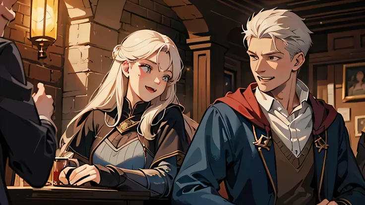 fancy, another world, adventurer, pub, Reconciliation, reminiscence, pretty girl archer, cute female wizard, Man in Armor, warm lighting, laugh, laugh, Mouth opens wide. You can observe the face forming..