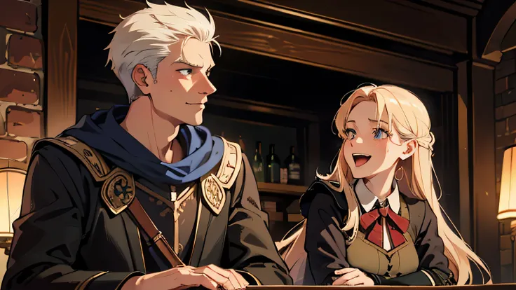 fancy, another world, adventurer, pub, Reconciliation, reminiscence, pretty girl archer, cute female wizard, Man in Armor, warm lighting, laugh, laugh, Mouth opens wide. You can observe the face forming..