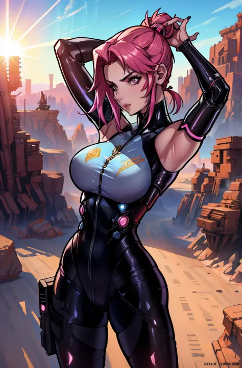 cyberpunk woman with medium breast, high details, she is stretching in the desert with the sun rising up, side picture, wearing ...