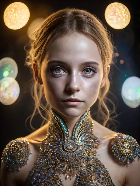 (Realistic:1.2), Photorealistic, highly detailed, full-body image of girl with playful body manipulations, gazing into the camera, divine proportion. The setting is an magical cell background, filled with whimsical lighting and an iridescent ambiance. The ...