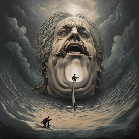 painting of a man with a giant head and a man on a surfboard, emotional surrealist art, surreal oil painting, surreal oil on canvas, illusion surreal art, surreal illustration, dark surreal art, horror surreal art, surreal painting, anton semenov, surreal ...