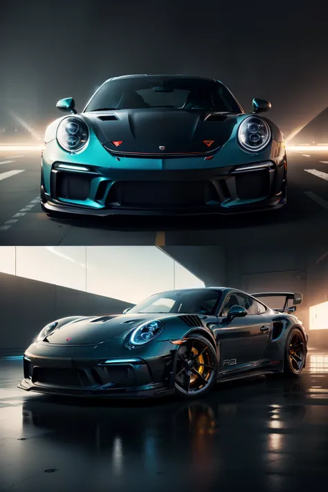 In the heart of a cinematic spaceship, a gleaming Porsche 911 GT3 RS is parked, bathed in the soft glow of 8k, high-res, high-detail spacem ship interior lighting. Neon lights from the background pulse and flicker, adding an ultra-realistic, vibrant contra...