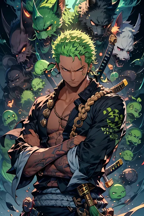 Zoro, sozinho, Olhando para o Viewer, sorrir, short hair, olhos vermelhos, class 1, propriedade, jewelry, parte superior do corpo, arma, Foco masculino, Brincos, Roupas japonesas, cabelos verdes, Chifres, espada, quimono, segurando arma , de lado, tatuagem...