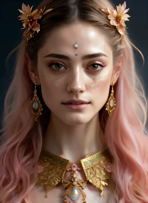 Looks like Emmy Rossum, (symmetry:1.1) (portrait of floral:1.05) a woman as a beautiful goddess, (assassins creed style:0.8), pink and gold and opal color scheme, beautiful intricate filegrid facepaint, intricate, elegant, highly detailed, digital painting...