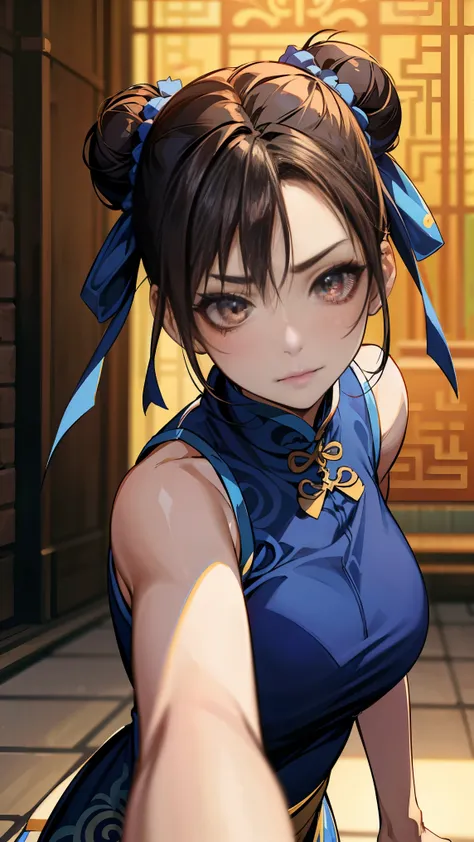 street fighter chun li, goth, brown eyes, compensate, in tokyo, anime style, double hair bun, goth eye shadow, goth eye liner, beautiful face, dark compensate, goth, 4k, Advanced 8k, highest quality,blue cheongsam, kung fu pose, blue cheongsam. brown eyes、...