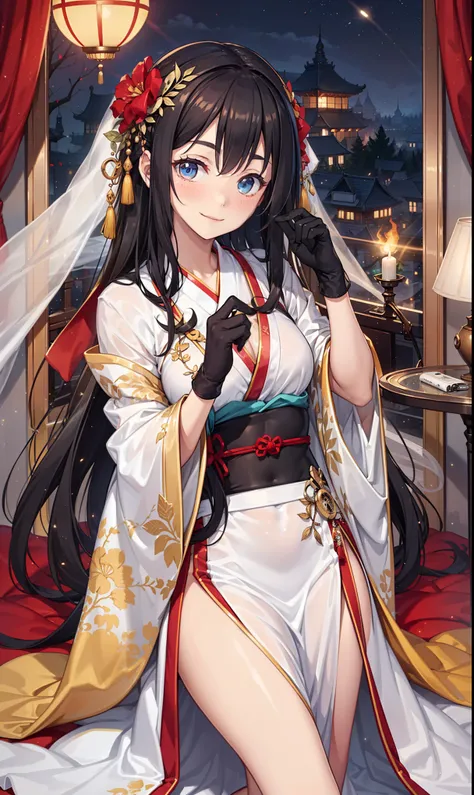 saints，Elegant and charming，Smile，in love，(Transparent colorful Hanfu，Sophisticated and gorgeous design)，black gloves，silver hair，blue eyes，see through transparent clothes，Exquisite hair accessories，Transparent lace，Engraving pattern，dress nicely，The backg...