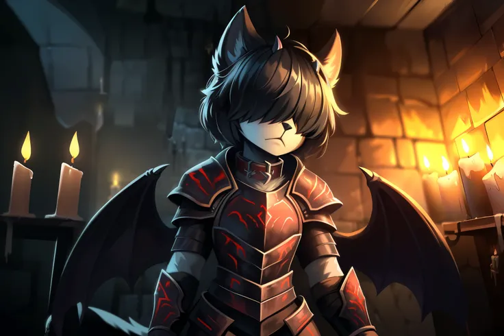 ((fox)), male, feminine body, (solo), fluffy hair, ((hair over eyes), black hair, short hair, twintail hair, ((fluffy body)), black fox tail, black fox ears, ((black devil wings)), ((black devil horns)), ((red infernal armor)), black armor, red runes, spik...