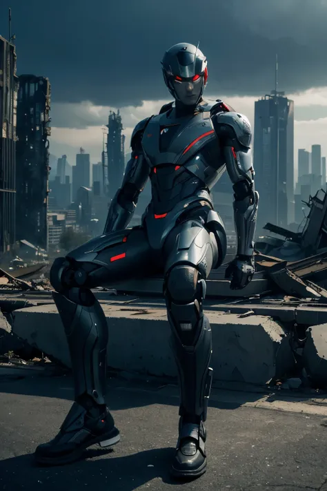 a very detailed, Crossing arms in front of destroyed city, His bionic body is filled with futuristic details. (an extremely detailed，Arms crossed in front of a destroyed city, Their bionic bodies have futuristic details.)