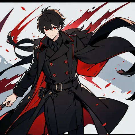 guy, black trench coat, red eyes, black hair, tall, handsome