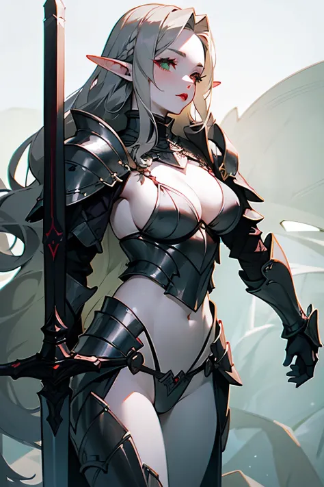 1 woman, Bikini Heavy Armor, wearing a large sword, Elf, green eyes, gray hair, pale skin, red lips, wavy hairstyle, whole body, Shoulder size larger, Armor color silver