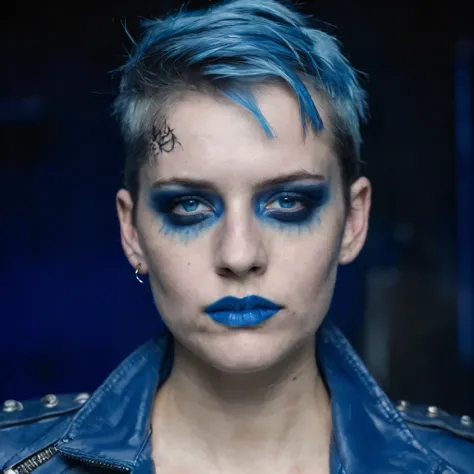 (masterpiece)+, (extremely (realistic)+, portrait of an extremely ugly 25 years old punk woman hacker, blue hair, blue makeup, lots of makeup, Blue leather jacket, Head scar, Extremely pale, Skinny, tomboy, skin, sick, sickly skin, Sickly, Cold calm stare,...