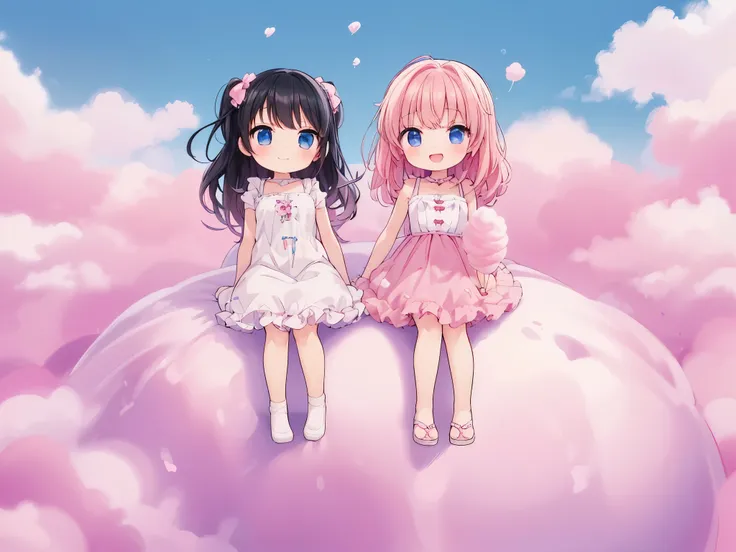 Masterpiece,best quality,anime style ,((2girls)), (((Lolita,chibi,toddercon))),(black hair),(((staying on the cotton candy))),(lying on the very big cotton candy),(iblue sky),smile