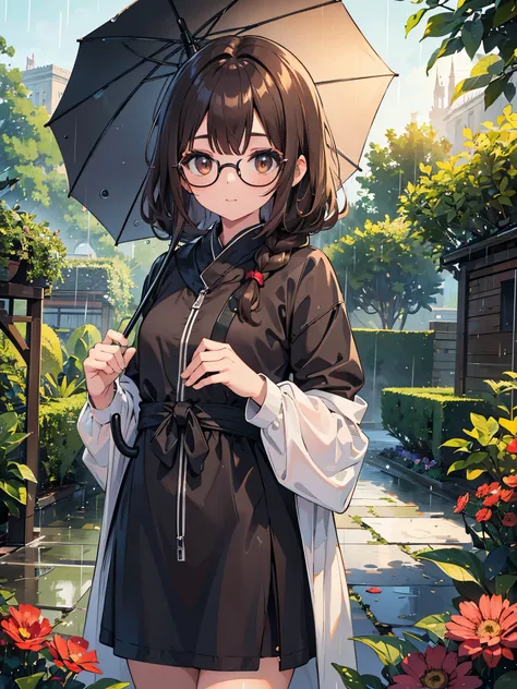 1 woman、brown hair(long)、brown eyes、black round glasses、 best quality、Super detailed、8K resolution、Raw photo、muste piece、seductive 、gorgeous face、perfect body、rain、umbrella、garden