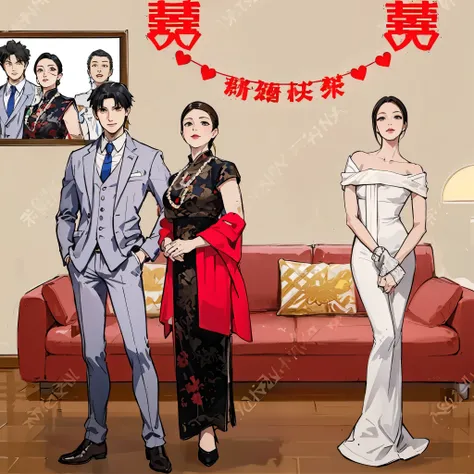 there are three people standing in the living room, phoenix wright, gta chinatown art style, ace attorney style, 2 0 2 0 s propa...