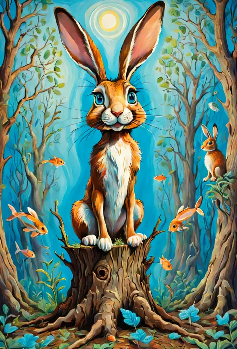 psychedelic style in the style of esau andrews, cartoon hare thin and long grows out of an old stump, branches with leaves grow ...