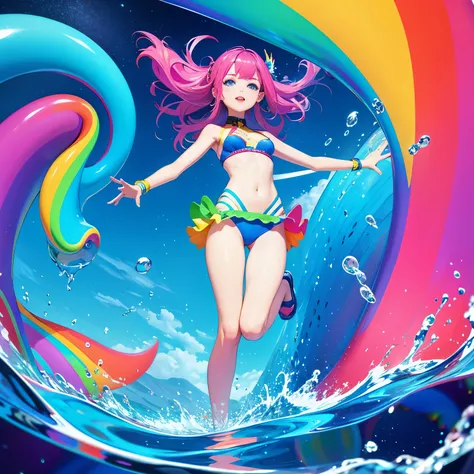 (ultra detailed,ultra high res,detailed background),((2D)),((flat color)),((colorful)),((floating colorful water)),1girl,solo,looking at viewer,BREAK