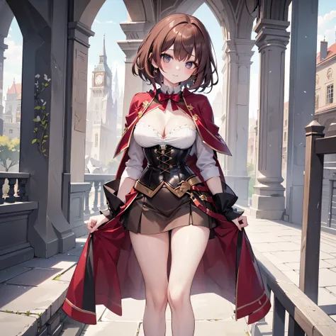 (solo 1 skinny young girl 12 years old:1.2), the middle ages, (red short hair:1.2), (short dress:1.2), (plunging neckline), wiry corset (emphasize cleavage), very short torso, (inconceivably thin narrow waist), short (brown capelet), BREAK, (very short bro...