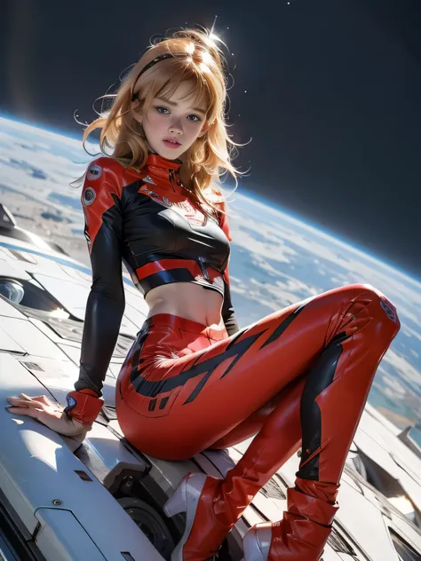 teen emma watson dressed in a plugsuit of evangelion blonde. freckles. sparkly blue eyes that speak of innocence and acceptance. Slender frame and beautiful figure. tight red pants. crop top. reading while lying outside a spaceship. ripped clothes exposing...