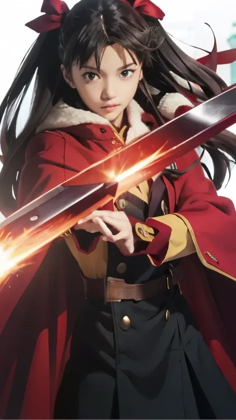 a woman in a red coat holding a sword and a red cape, anime style like fate/stay night, rin tohsaka, light novel cover art, anim...