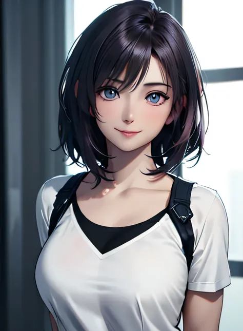 highest quality, ultra high resolution, (realistic: 1.4), beautiful eyes, super beautiful, short hair, beautiful breasts, Spouse, T-shirt with rough chest, Eyes that invite the viewer, Spouses eyes, attractive appearance, sexy smile, perfect style, perfect...