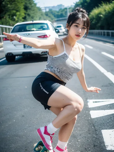 downhill skateboarding, highway, action photoshoot, 1girl, teen, asian, (thick body:0.5), (sexy outfit:1.4), (hotpants:1.3) (dyn...