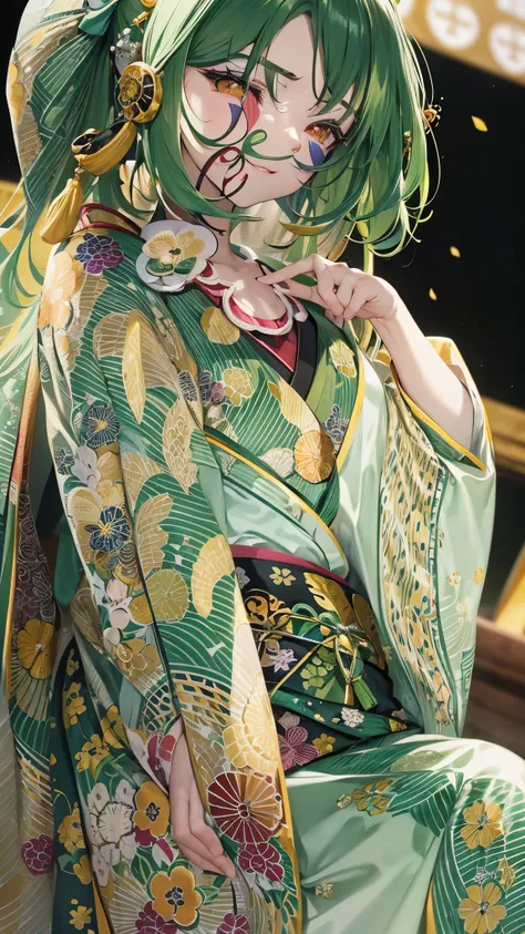 (solo:1.3 Kabuki actors, kabuki hair  green hair immensely cute girl, 14 yo, ((kabuki makeup face)), cute yellow eyes, in a immensely green kabuki kimono) is (((playing female roles at Hakataza Theater))),  break, perfect anatomy, masterpiece:1.2, best qua...