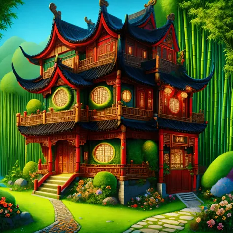 3d，cartoon，ancient chinese house，bright colors，traditional building，bamboo forest，black tile roof，flower path，wood carving，warm ...