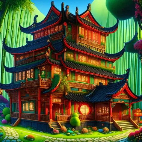 3d，cartoon，ancient chinese house，bright colors，traditional building，bamboo forest，black tile roof，flower path，wood carving，warm ...