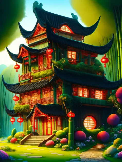 3d，cartoon，ancient chinese house，bright colors，traditional building，bamboo forest，black tile roof，flower path，wood carving，warm ...