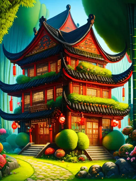 3d、cartoon、ancient chinese houses、bright colors、traditional building、bamboo forest、red-brown、black tile roof、flower path、round w...