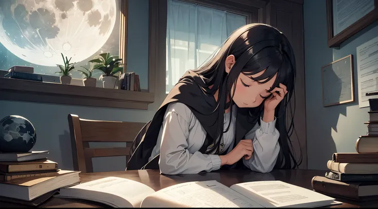 In the quiet of her room, bathed in the soft glow of the moonlight streaming through the window, a young girl sits in her favorite chair, her textbooks spread out before her. The room is still, save for the occasional rustle of pages as she flips through t...