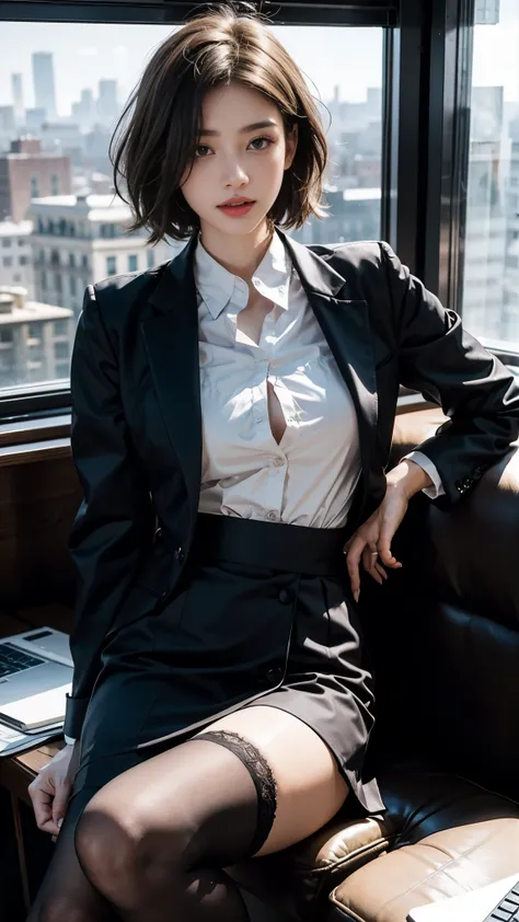 1 girl sitting on an office chair，Computer,(European model:1.3),30 years old,delicates,Business womenswear,(jaket:1.1),(The shirt:1.1),(Wrap skirt:1.1),jewelry,Hosiery,Stockings,black lence stockings，goosebumps,Goose - meat，（Fidelity：1.3），filigree，quality，...