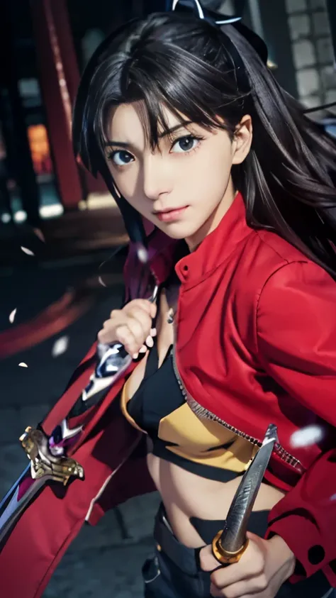 a woman in a red jacket and brown pants holding a sword, rin tohsaka, anime style like fate/stay night, fate / stay night, fate stay night, unlimited blade works, anime moe artstyle, anime cover, official anime artwork, official artwork, detailed key anime...