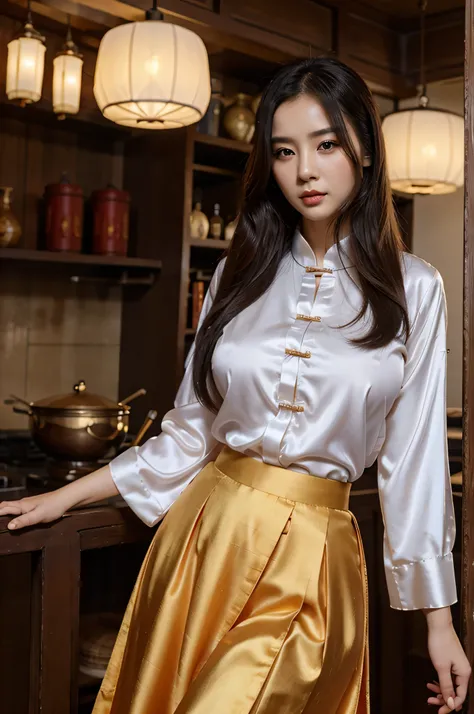 Beautiful Chinese woman in silk hanfu skirt and silk collared shirt, large breasts