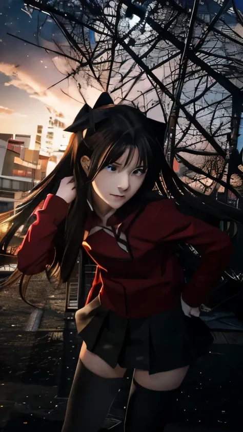 a close up of a person standing in front of a building, rin tohsaka, anime style like fate/stay night, unlimited blade works, makoto kano, fate stay night, fate / stay night, anime wallaper, iwakura lain, epic anime style, rings asuka iwakura station game,...