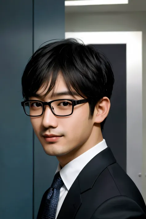 （protrait photo）asian man, 30 years old, project Manager。wear glasses，He is wearing a dark suit, Pair with a white shirt and dark tie。His hair is neat, Face clean and clean, round face，(super short hair: 1.5)，Eyes reveal wisdom and confidence。He smiles and...