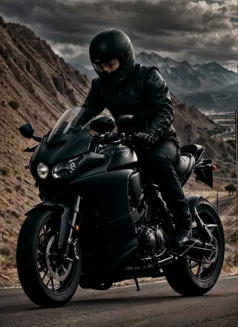 arafed man in black riding a black motorcycle on a mountain road, motorcycle, riding a motorcycle, streamlined matte black armor...