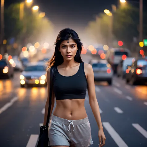 professional photograph, Indian woman, no gloss, no t-shirt and no shorts, average looks, heavy traffic road, smoke and pollution effects, Natural diffuse lighting