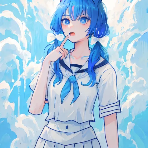 anime girl blue haired and cat ears in a white shirt, 2D anime style, blue haired, girl blue haired, anime girl, as an anime character, with your index finger, 短いblue haired女性, 若いanime girl, anime moe art style, blue skin, 2D anime, anime character, anime ...