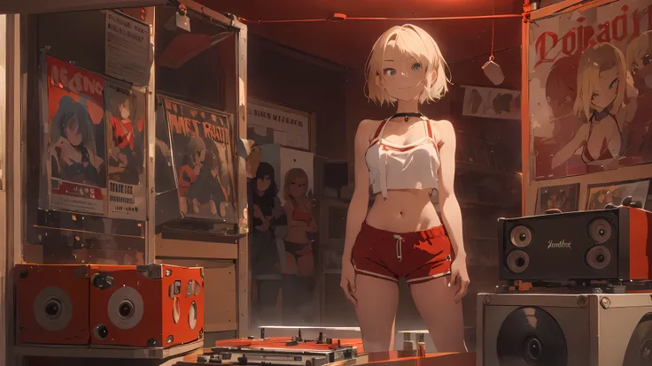 18 year old girl, short blonde hair, big sad eyes, sweet smile, small breasts, thin hips, choker collar, red bikini top, bare midriff, red gym shorts, standing, near open door, record store, vinyl, turntable, DJ equipment, evening, nighttime, dramatic ligh...