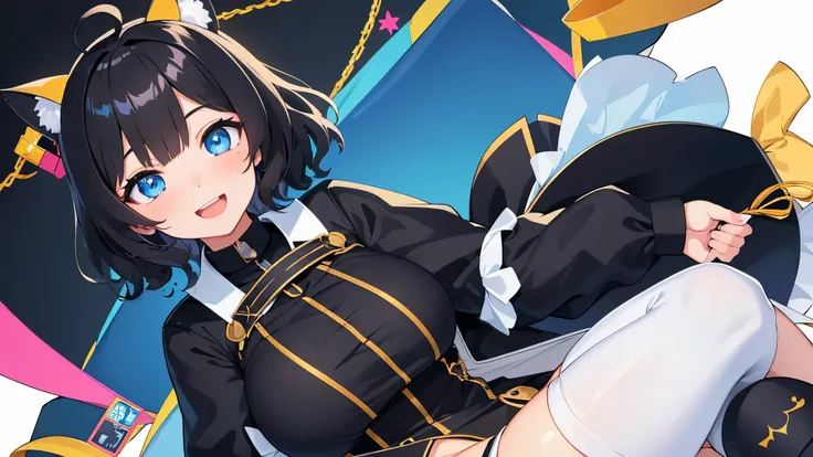 looking at the viewer, 1 girl, open your mouth, smile, Virtual YouTuber、with a girl、((highest quality, expensive_solve, clear_image)),(black hair), (black cat ears), (Ahoge), (ridiculously short hair), (wavy hair), (blue eyes),、laughter、very big breasts,