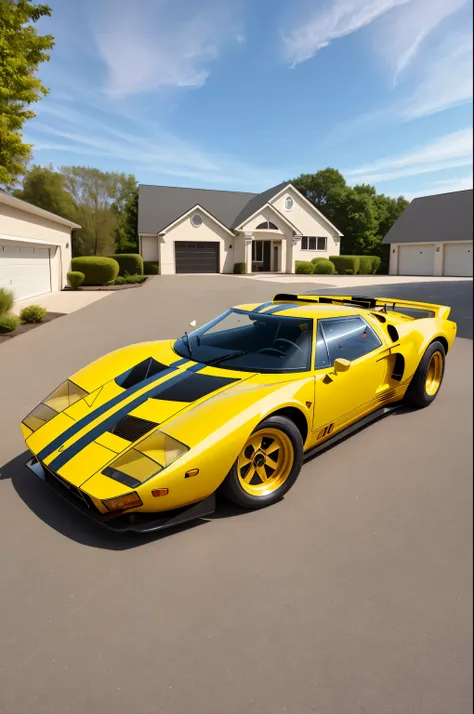 arafed woman standing next to a yellow sports car in a driveway, gt40, gt40 and countach, full body wide shot, by Brian Thomas, detailed wide shot, full body picture, low angle shot, classic vibes, sportcar, full body length shot, full length shot, racecar...