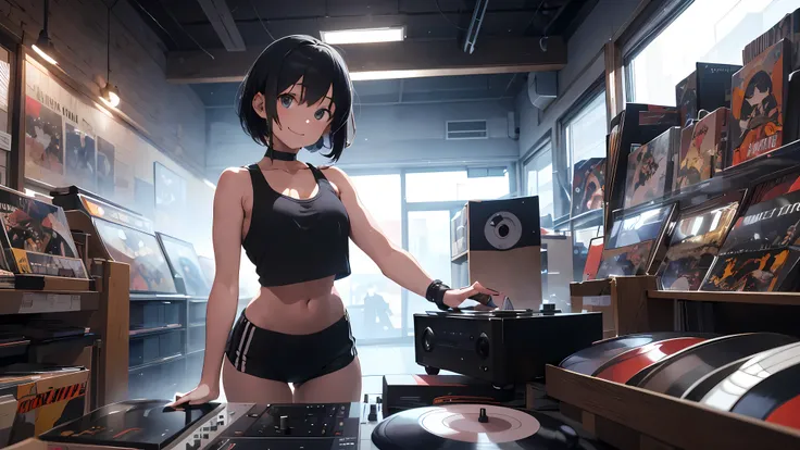 18 year old girl, short black hair, big sad eyes, sweet smile, small breasts, thin hips, choker collar, tight black gym top, bare midriff, tight black gym shorts, standing, near open door, record store, vinyl, turntable, DJ equipment, evening, nighttime, d...