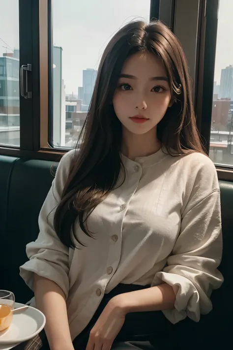 Upper body close-up image. A beautiful woman sits at a window seat in a family restaurant and looks out the window at the scenery. Outside the window, I can see the suburban ring road. The time is night. Twenty years old. Dark brown hair. Looks a little lo...