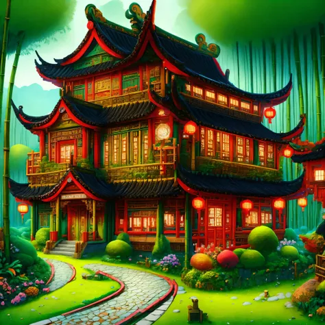 ancient chinese house，bright colors，traditional building，bamboo forest，black tile roof，flower path