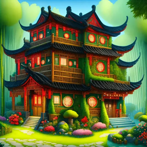 ancient chinese house，bright colors，traditional building，lake ，black tile roof，flower path